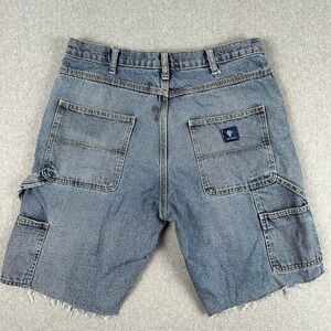 RK Brand Mens 34 Blue Denim Carpenter Shorts Raw Hem Distressed Workwear Cut Off